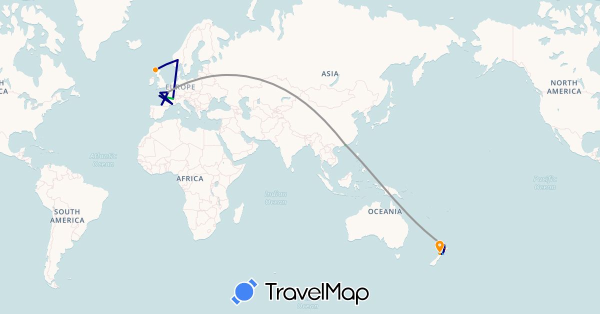 TravelMap itinerary: driving, bus, plane, train, hiking, boat, hitchhiking in France, United Kingdom, Hong Kong, Norway, New Zealand (Asia, Europe, Oceania)